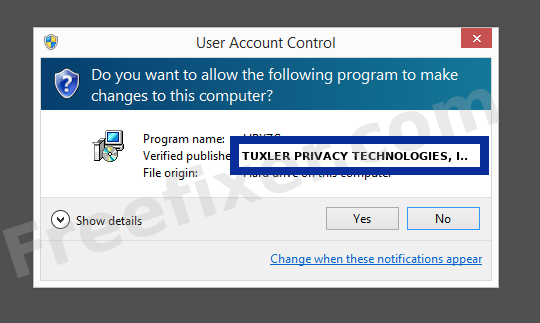 Screenshot where TUXLER PRIVACY TECHNOLOGIES, INC. appears as the verified publisher in the UAC dialog